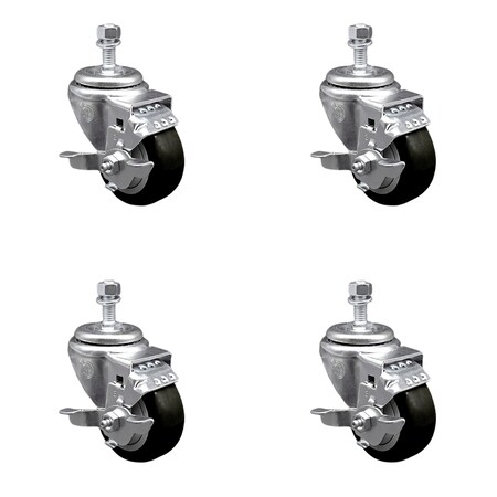 Service Caster 3.5 Inch SS Black Polyurethane Swivel 1/2 Inch Threaded Stem Caster Set Brake SCC SSTS20S3514-PPUB-BLK-TLB-121315-4